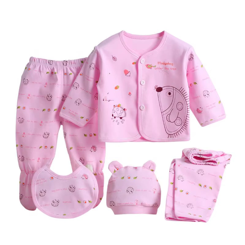 5Pcs/Set Newborn Baby Suit Set Top 2 Pants Hat Bibs 0-3 M Clothing Set Boy Girl Clothes Pure Cotton Breathable Cartoon Underwear