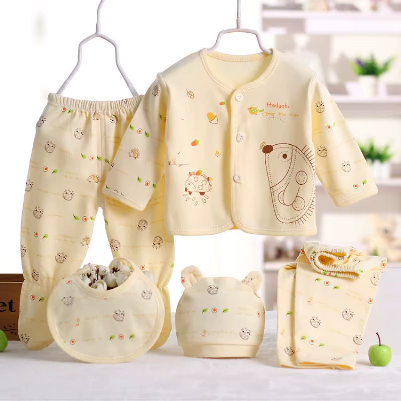 5Pcs/Set Newborn Baby Suit Set Top 2 Pants Hat Bibs 0-3 M Clothing Set Boy Girl Clothes Pure Cotton Breathable Cartoon Underwear