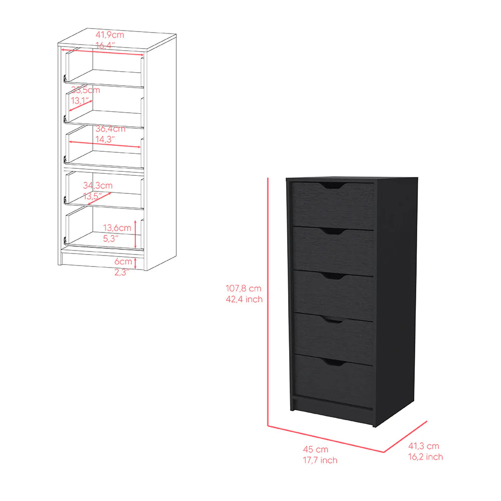 Kamran Five-Drawer Narrow Dresser in Black Wengue Finish