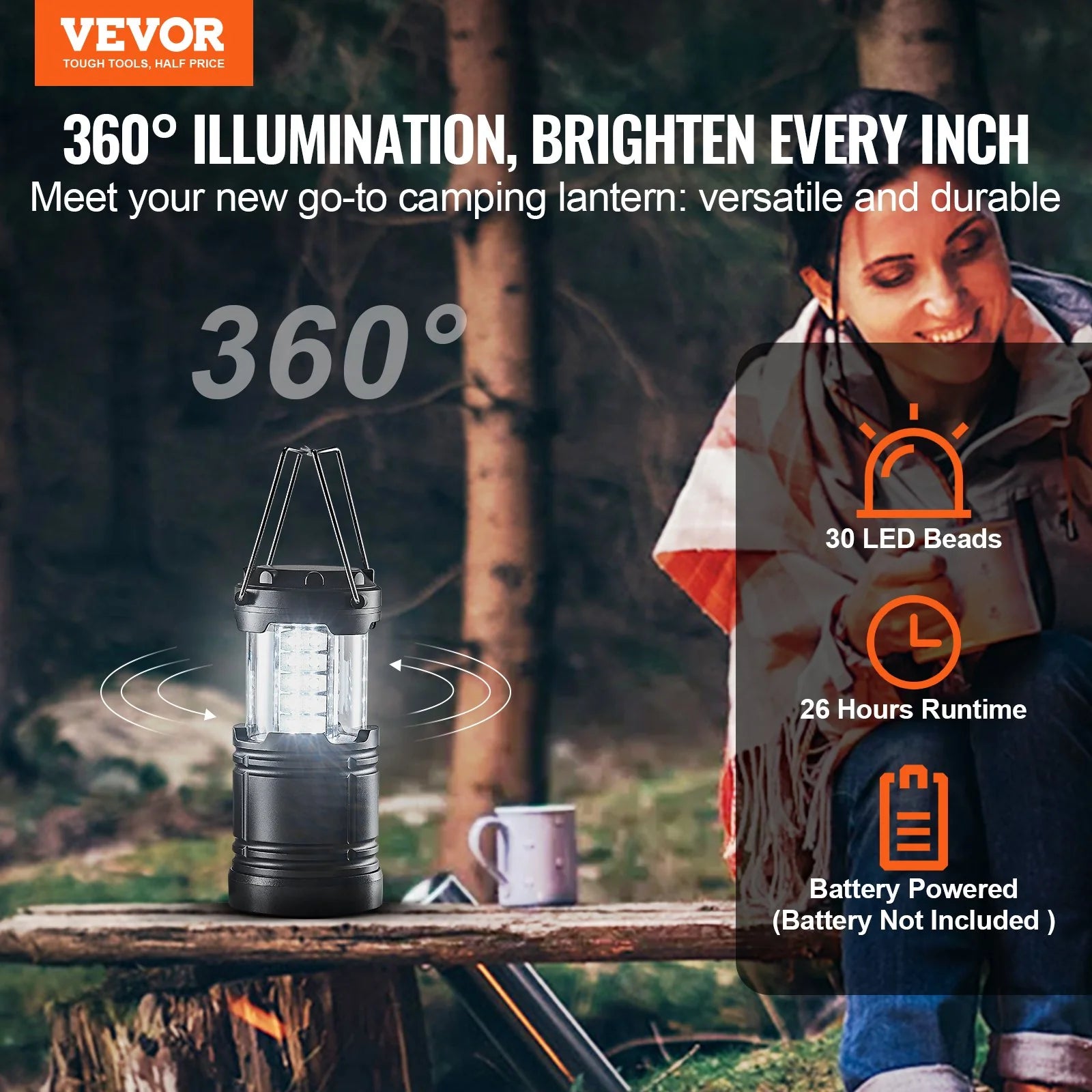 VEVOR Set of 4 Collapsible LED Camping Lanterns - Battery-Powered Lighting Solutions