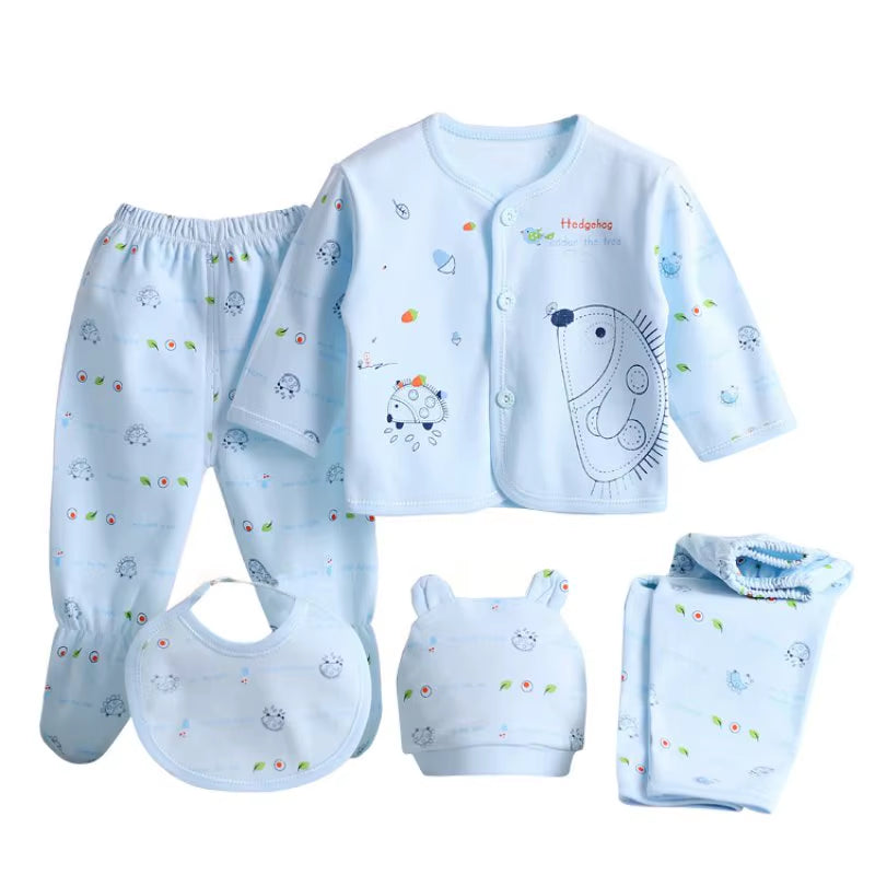 5Pcs/Set Newborn Baby Suit Set Top 2 Pants Hat Bibs 0-3 M Clothing Set Boy Girl Clothes Pure Cotton Breathable Cartoon Underwear