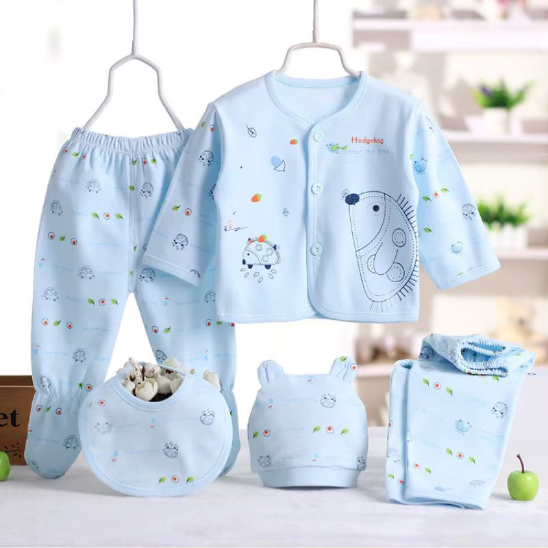 5Pcs/Set Newborn Baby Suit Set Top 2 Pants Hat Bibs 0-3 M Clothing Set Boy Girl Clothes Pure Cotton Breathable Cartoon Underwear