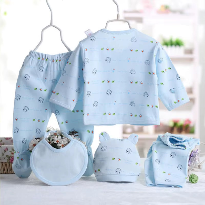 5Pcs/Set Newborn Baby Suit Set Top 2 Pants Hat Bibs 0-3 M Clothing Set Boy Girl Clothes Pure Cotton Breathable Cartoon Underwear