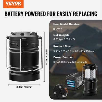 VEVOR Set of 4 Collapsible LED Camping Lanterns - Battery-Powered Lighting Solutions