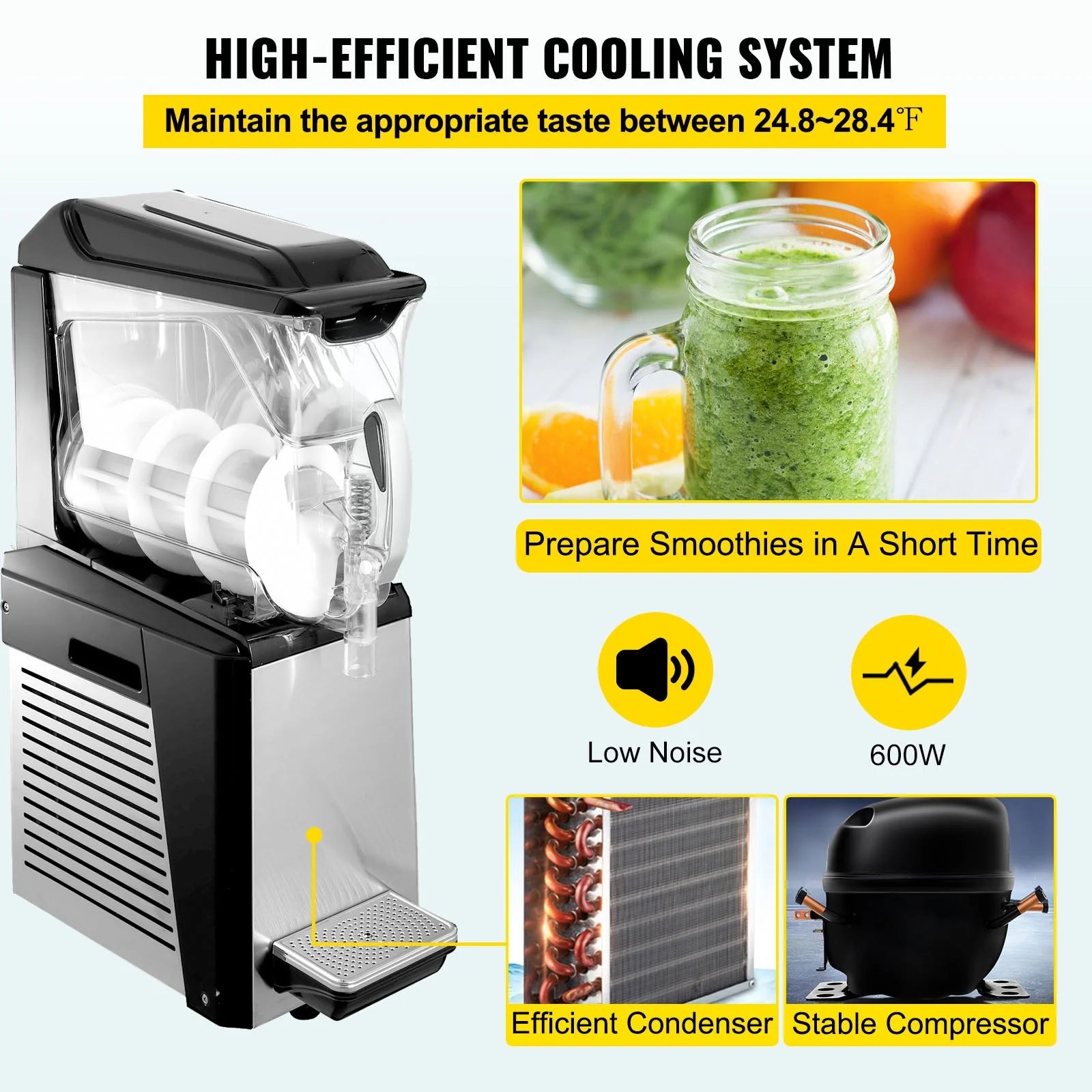 VEVOR 110V Commercial Slushy Machine - 10L Margarita and Frozen Drink Maker with 600W Automatic Cleaning and Day/Night Modes for Supermarkets, Cafes, Restaurants, and Snack Bars