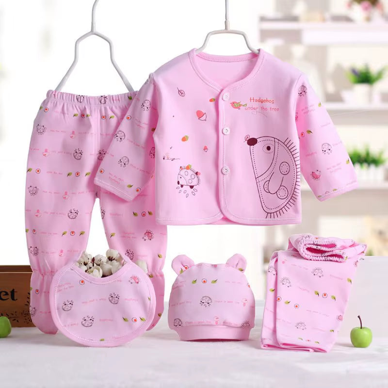 5Pcs/Set Newborn Baby Suit Set Top 2 Pants Hat Bibs 0-3 M Clothing Set Boy Girl Clothes Pure Cotton Breathable Cartoon Underwear